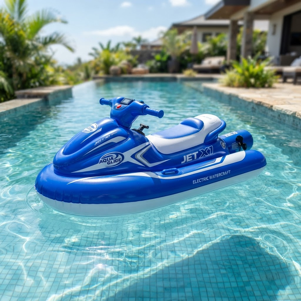 Engin nautique électrique gonflable bleu flottant sur une eau turquoise